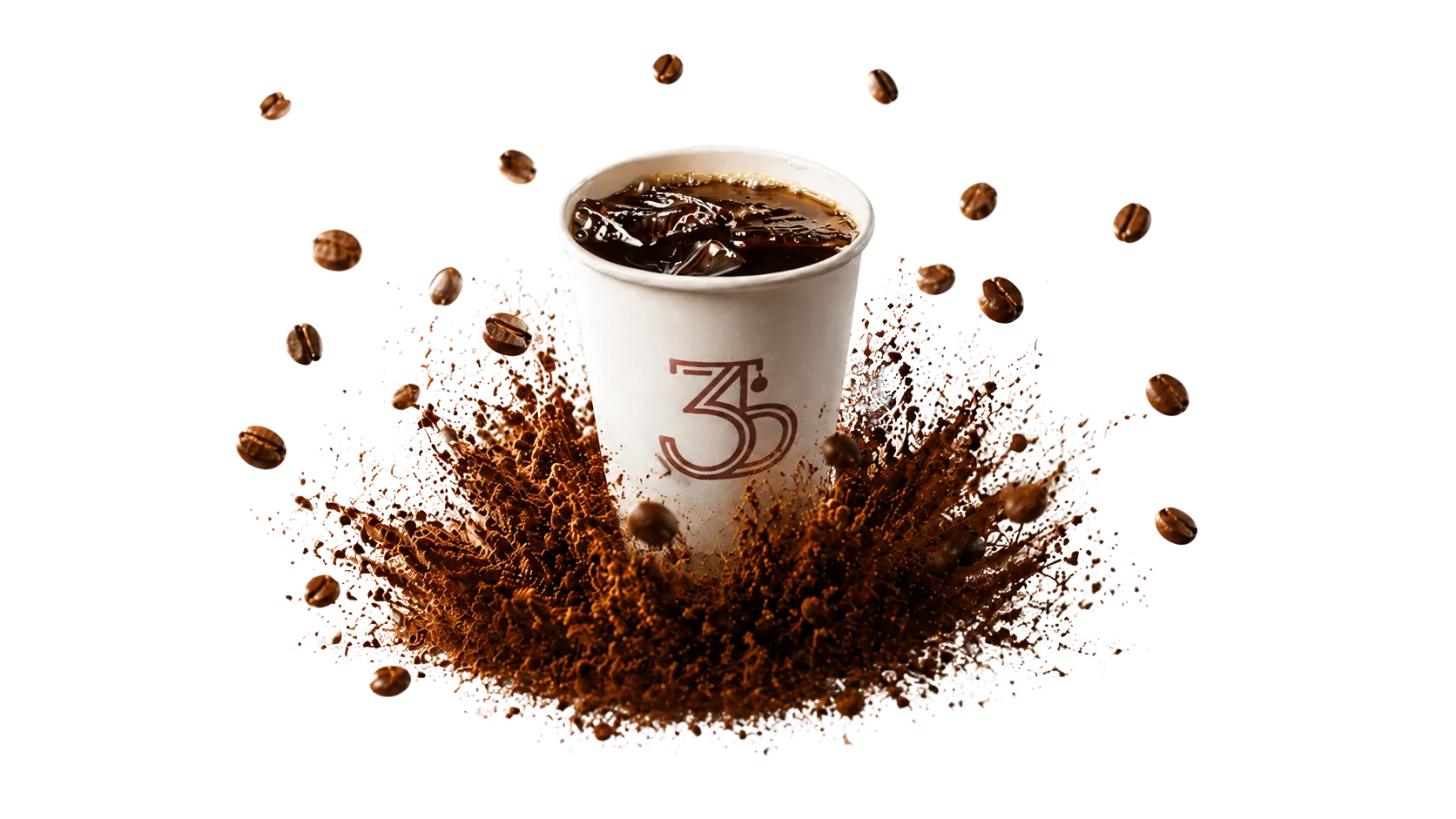 3Brews cup surrounded by coffee grounds